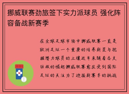挪威联赛劲旅签下实力派球员 强化阵容备战新赛季