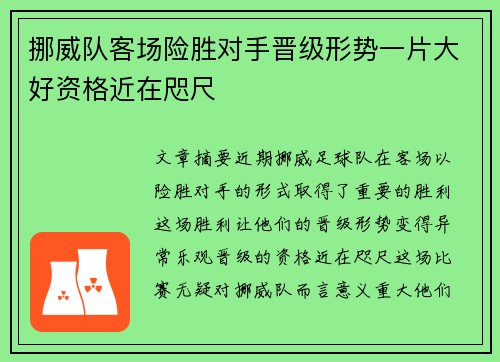 挪威队客场险胜对手晋级形势一片大好资格近在咫尺