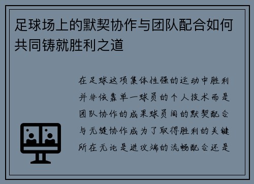 足球场上的默契协作与团队配合如何共同铸就胜利之道