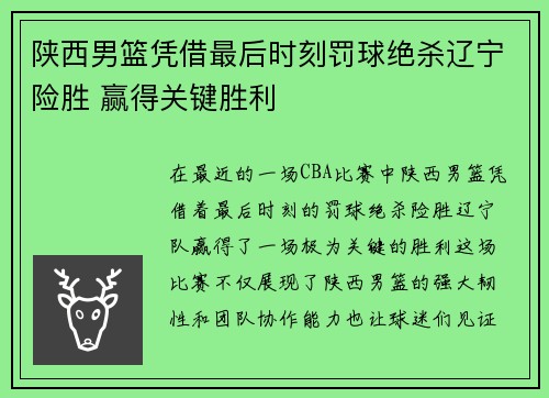 陕西男篮凭借最后时刻罚球绝杀辽宁险胜 赢得关键胜利