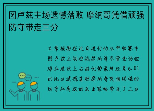 图卢兹主场遗憾落败 摩纳哥凭借顽强防守带走三分