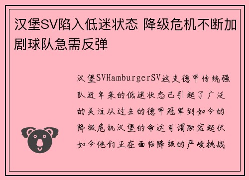 汉堡SV陷入低迷状态 降级危机不断加剧球队急需反弹